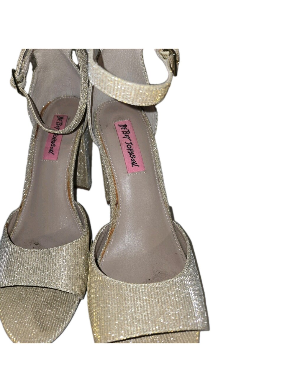 BETSEY JOHNSON Gold Sparkle JESS Ankle Strap Open Toe Heels Size 10 City Glam